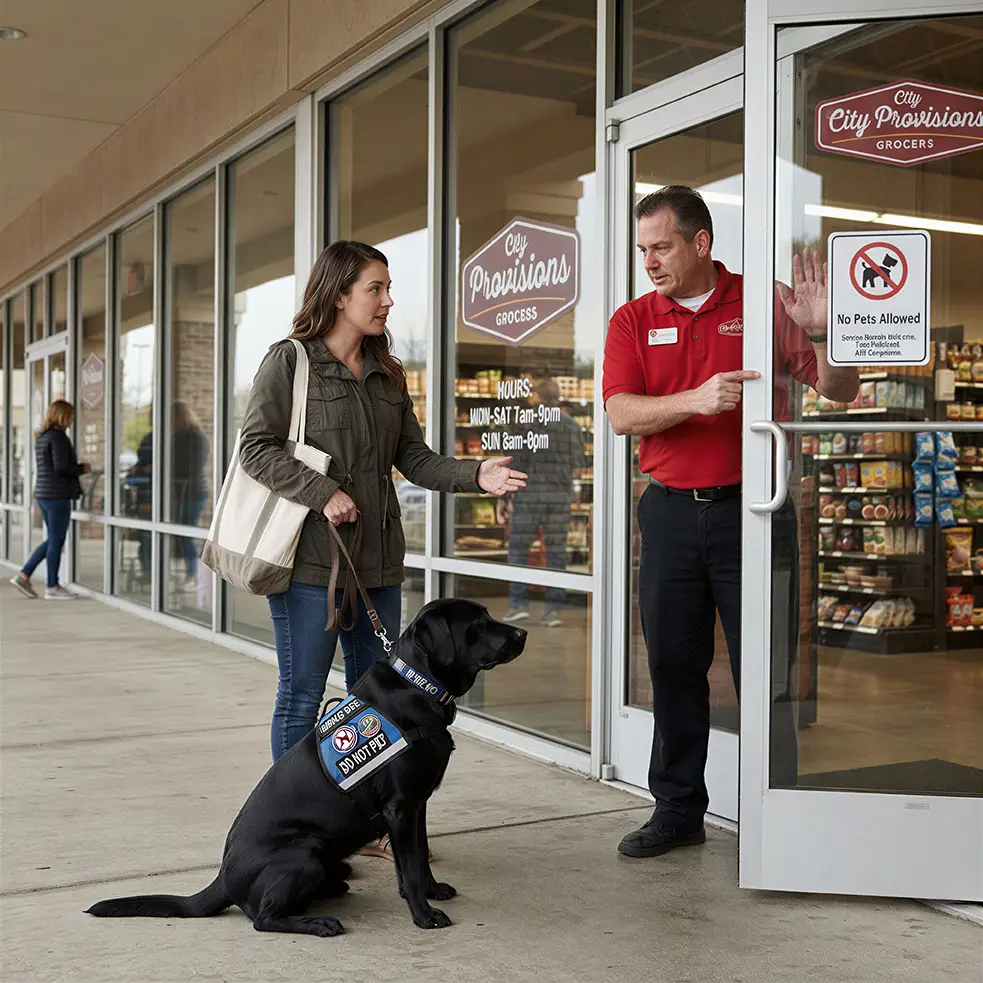 A woman with her black service dog wearing a service vest is stopped at a store entrance while an employee points to a No Pets Allowed sign