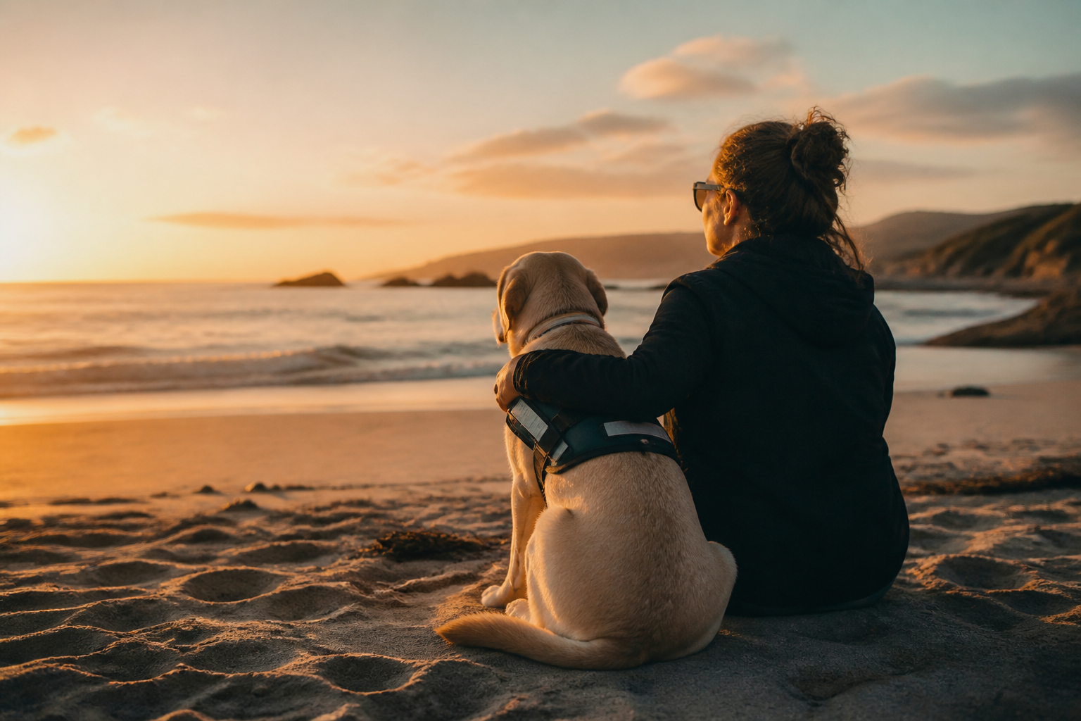 A woman and her service dog sit together on a beach at sunset